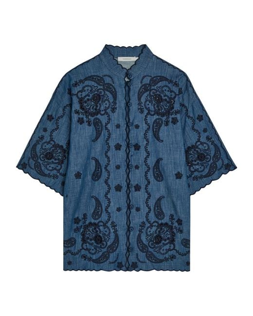 Zimmermann Blue Aster Embroidered Denim Shirt