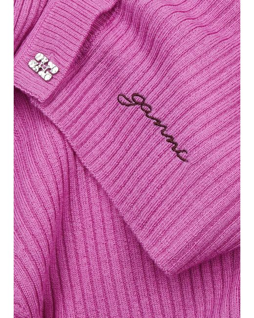 Ganni Pink Ribbed Wool Cardigan