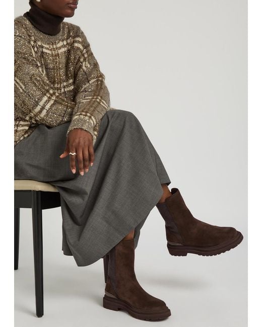 Brunello Cucinelli Brown Suede And Knit Ankle Boots
