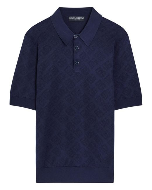 Dolce & Gabbana Blue Logo-Jacquard Silk Polo Shirt for men