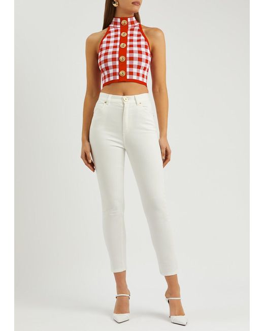 Balmain Red Checked Knitted Cropped Top