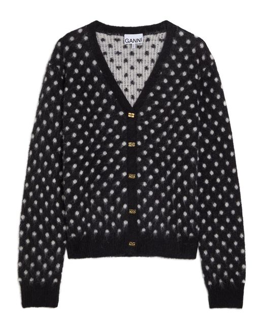 Ganni Black Polka Dot Brushed Alpaca-Blend Cardigan
