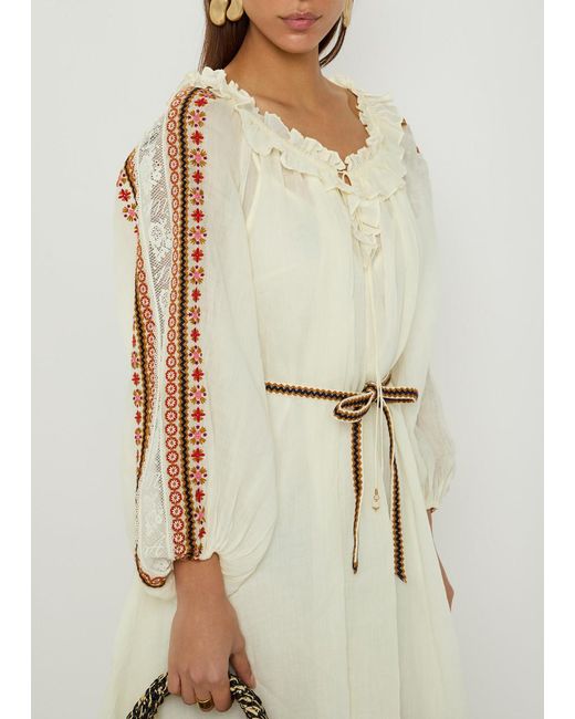 Zimmermann Natural Aster Embroidered Belted Ramie Maxi Dress