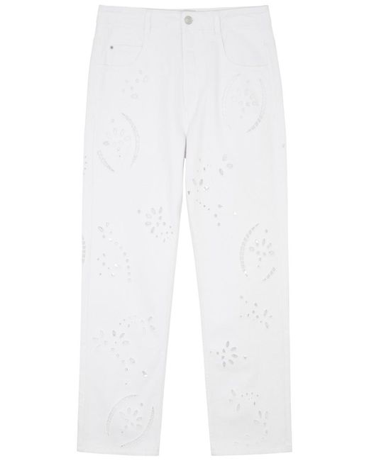 Isabel Marant White Irina Eyelet-Embroidered Straight-Leg Jeans