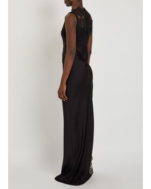 Shona Joy Black Jamila High-Neck Lace Satin Maxi Dress