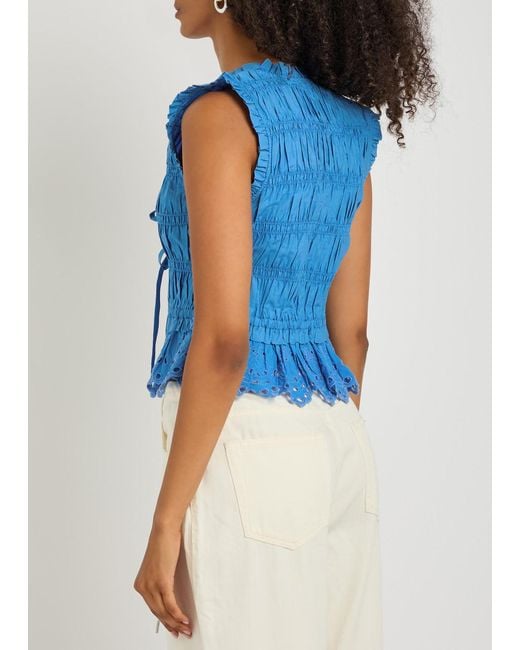 Rails Blue Martine Smocked Cotton-Poplin Top