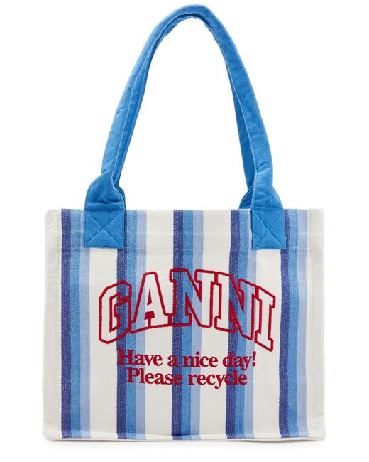 Ganni Blue Easy Shopper Large Striped Canvas Tote
