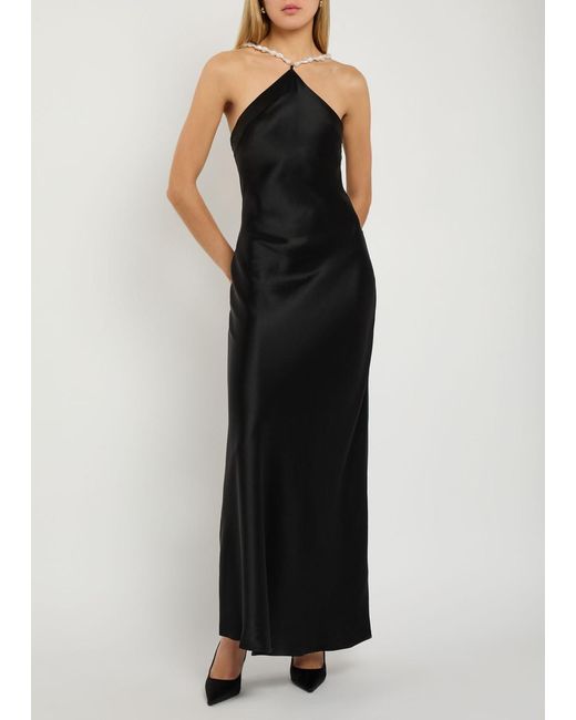 Staud Black Cadence Faux Pearl-Embellished Satin Maxi Dress