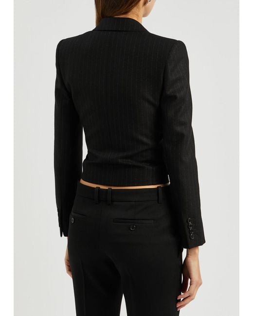 Saint Laurent Black Pinstriped Cropped Wool-blend Blazer