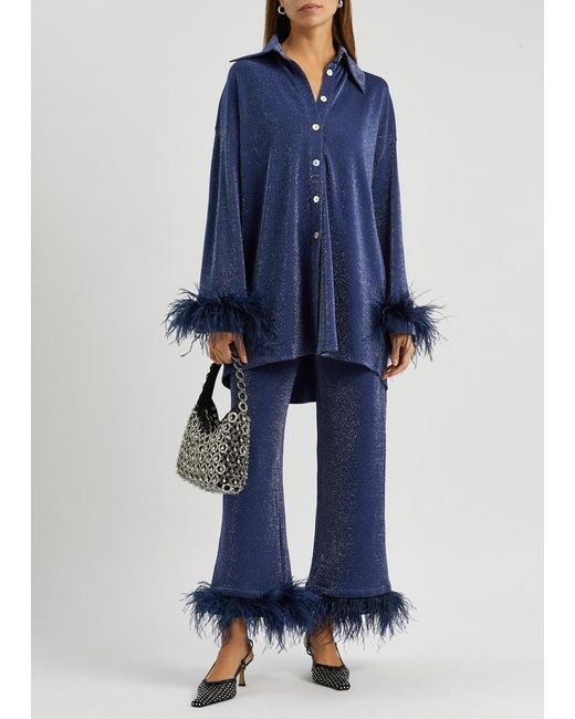 Sleeper Blue Cosmos Feather-trimmed Metallic Pyjama Set