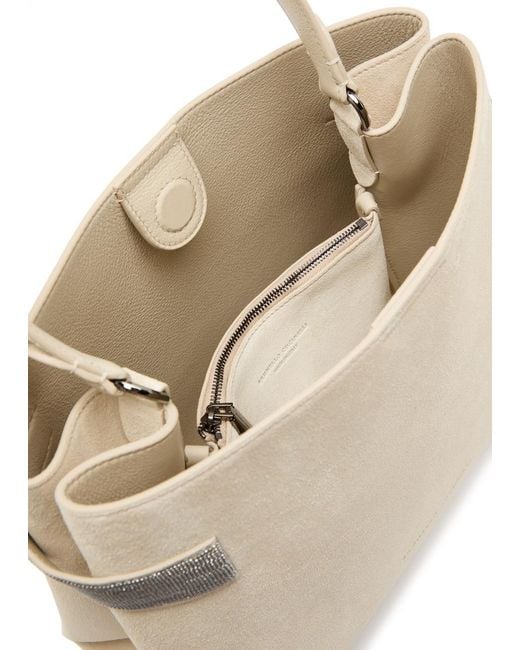 Brunello Cucinelli Natural Stud-Embellished Suede Top Handle Bag