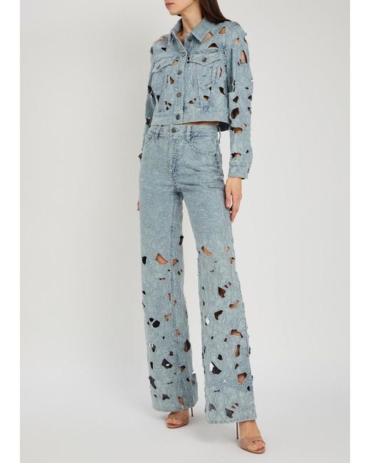 Alice + Olivia Blue Chic Embroidered Cut-Out Wide-Leg Jeans