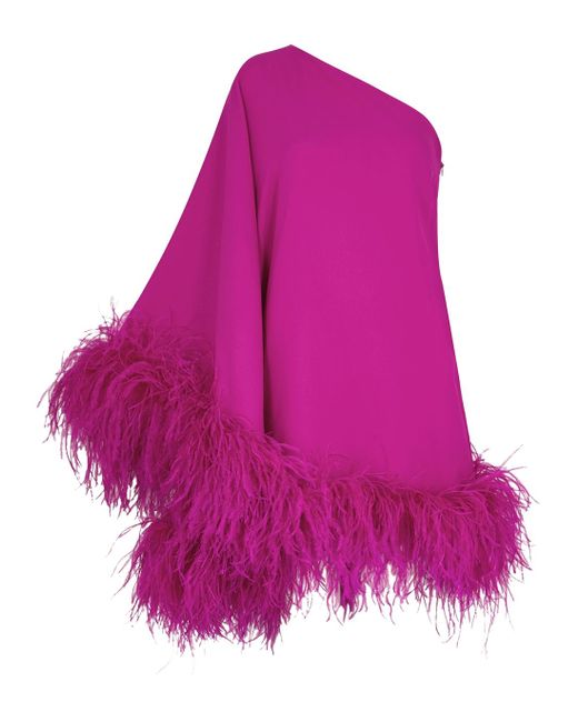 ‎Taller Marmo Pink Piccolo Fuchsia One-shoulder Feather-trimmed Dress