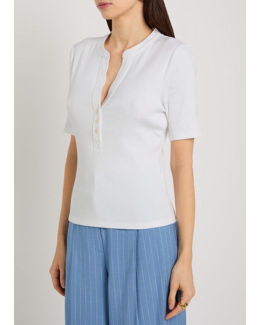 Veronica Beard White Reubian Ribbed Stretch-Cotton Top