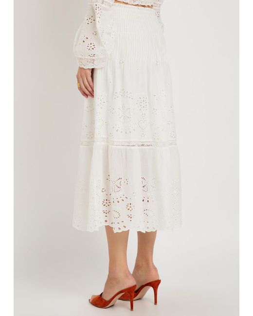 LoveShackFancy White Mallow Embroidered Cotton Midi Skirt