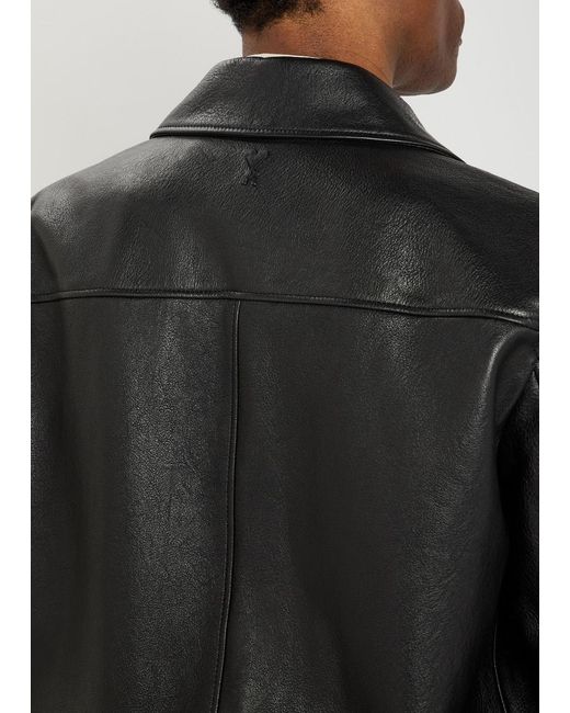 AMI Black Adc Grained Leather Bomber Jacket for men