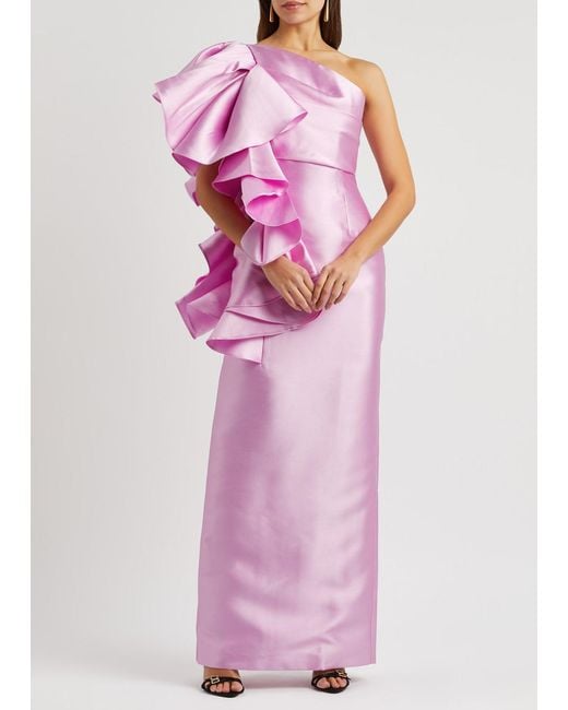 Solace London Pink Barney Ruffled Satin Maxi Dress