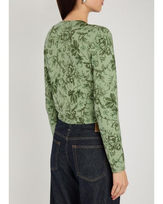 Alice + Olivia Green Carson Floral Cropped Cotton-Blend Cardigan