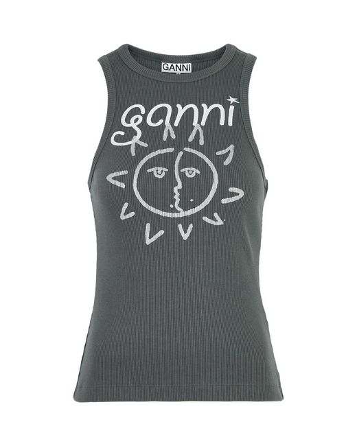 Ganni Gray Sun-print Cotton-blend Tank