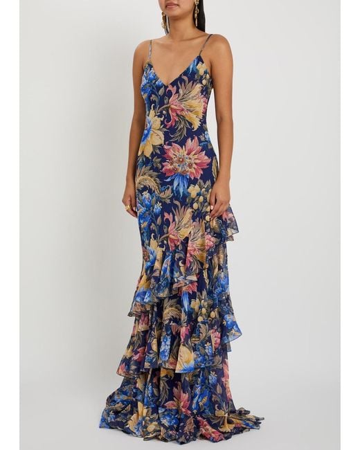 Etro Blue Floral-Print Chiffon Maxi Dress
