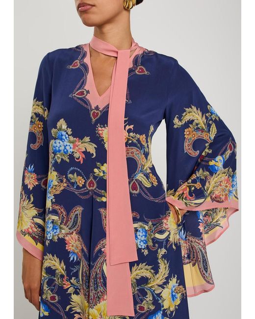 Etro Blue Printed Scarf-Effect Silk Maxi Dress
