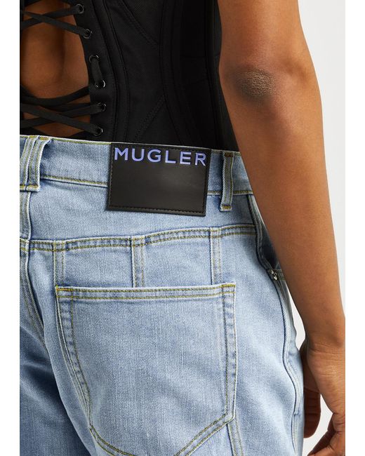 Mugler Blue Panelled Denim Longline Shorts