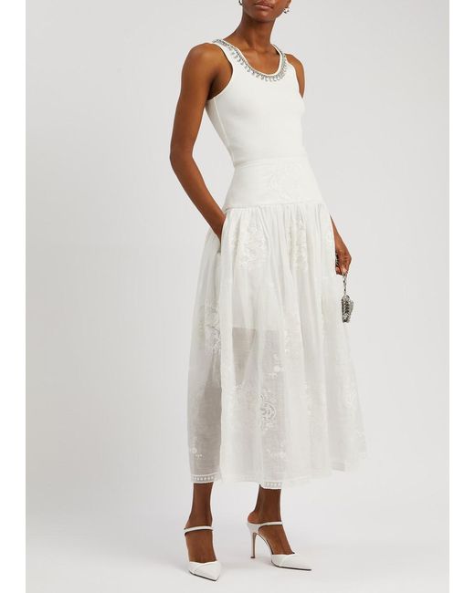 Zimmermann White Alight Lace-Panelled Ramie Midi Skirt