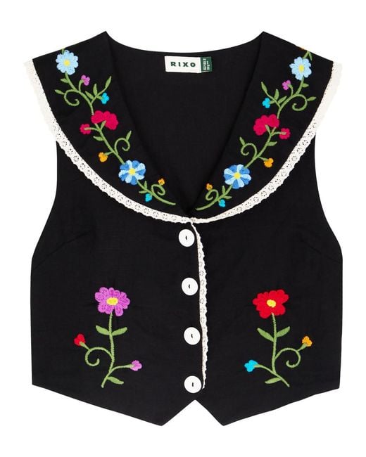 Rixo Black Monica Ombre Floral-Embroidered Woven Top