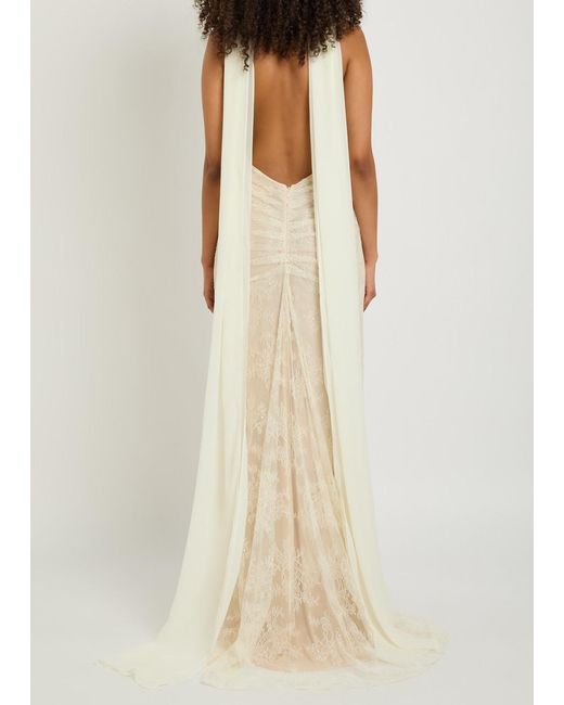 De La Vali White Amora Scarf-Effect Lace Gown