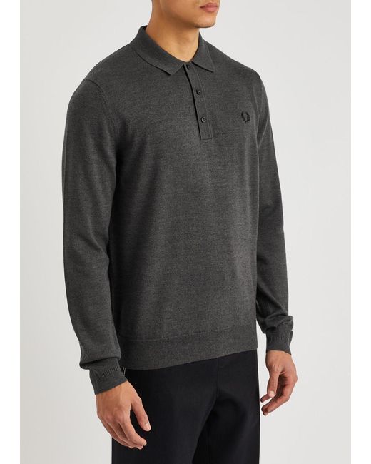 Fred Perry Gray Logo-embroidered Knitted Polo Jumper for men