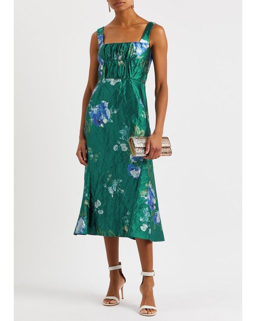 Erdem Green Floral-print Crinkled Satin Midi Dress