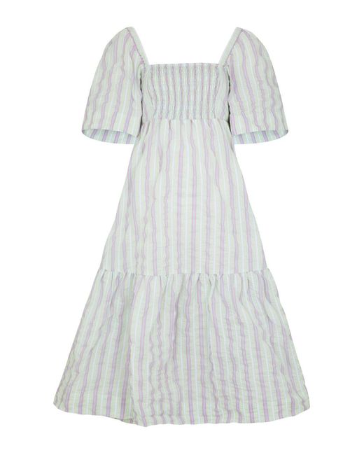 Ganni White Striped Seersucker Midi Dress