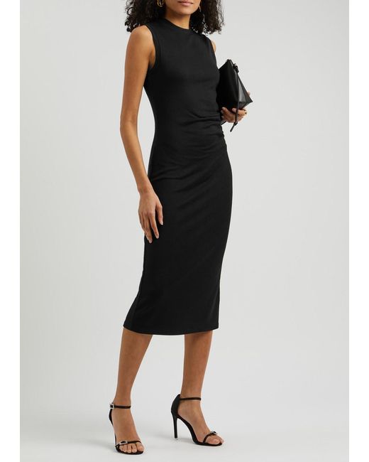 Vince Black Ruched Knitted Midi Dress