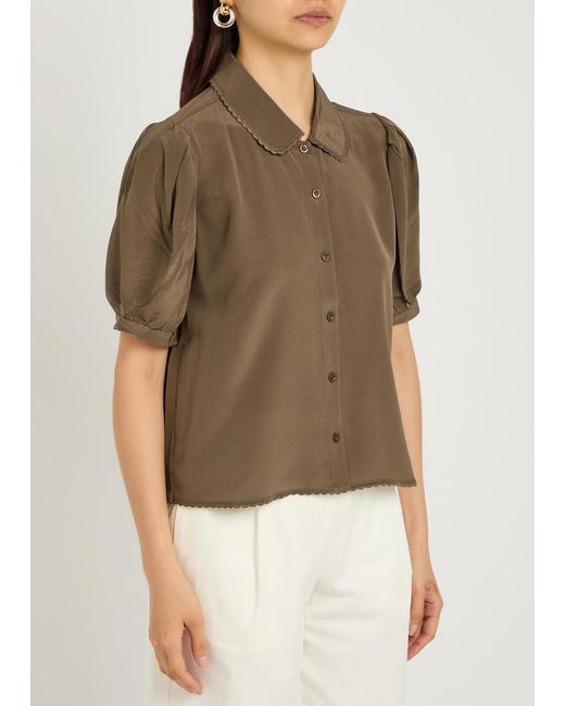 FRAME Brown The Silk Prim Cropped Silk-Chiffon Blouse