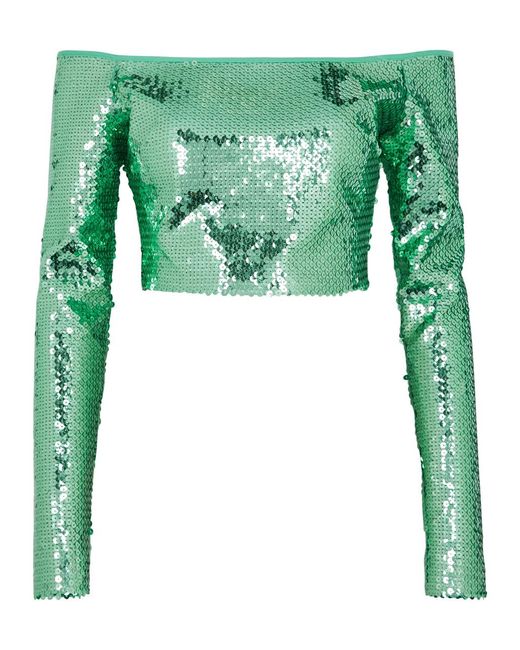 David Koma Green Off-The-Shoulder Cropped Sequin Top