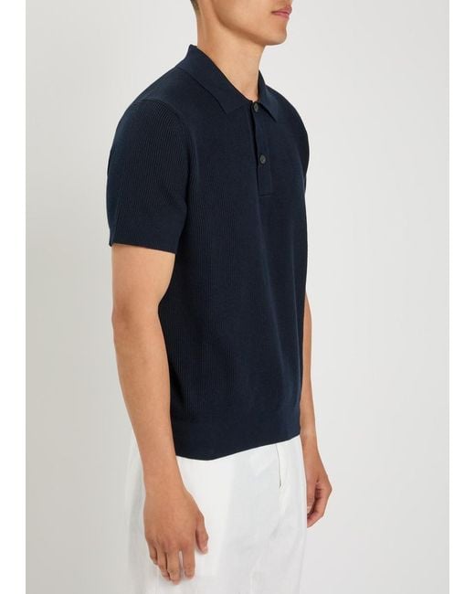 Sunspel Blue Ribbed Knit Cotton Polo Shirt for men