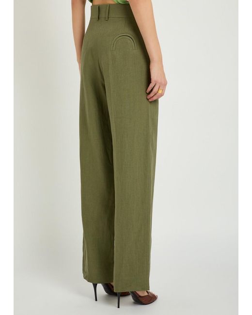 Blazé Milano Green Fox Pleated Straight-Leg Linen Trousers