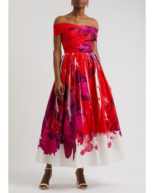 Erdem Red Printed Strapless Faille Maxi Dress