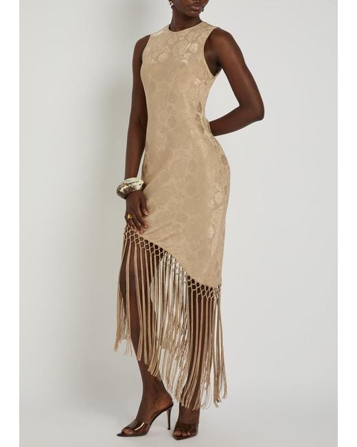 Ronny Kobo Natural Alexina Asymmetric Tassel Silk-Blend Midi Dress