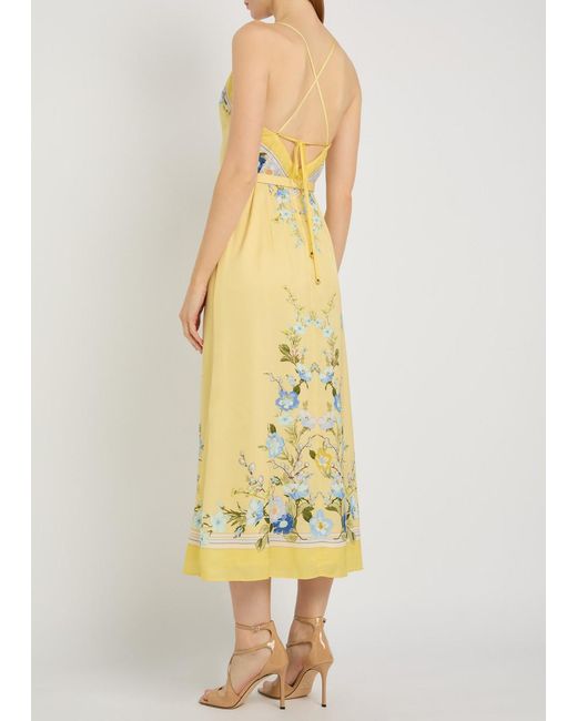 Self-Portrait Yellow Belted Floral Satin Midi Dress