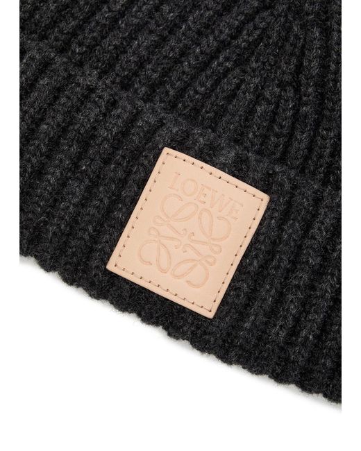 Loewe Black Logo-Appliqué Ribbed Cashmere Beanie for men