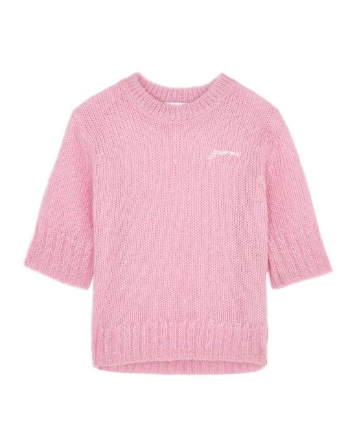 Ganni Pink Logo-Embroidered Mohair-Blend Top