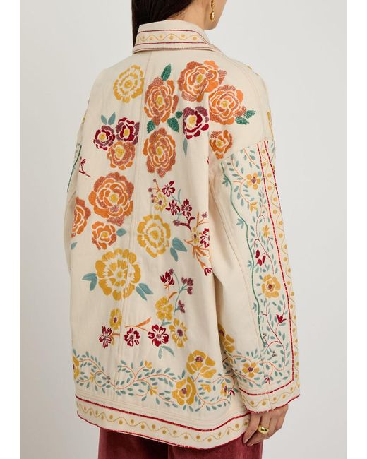 Free People White Avery Floral-Embroidered Denim Jacket
