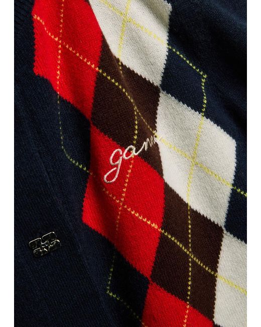 Ganni Blue Argyle Wool And Cashmere-Blend Cardigan