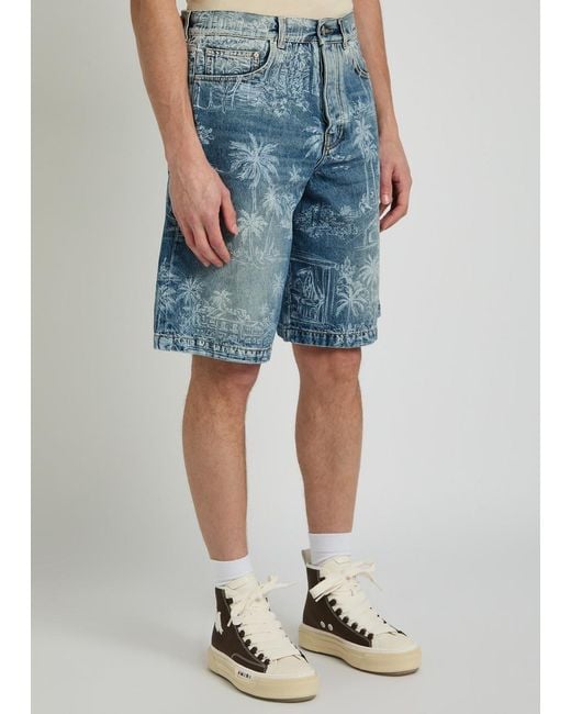 Amiri Blue Palm Printed Denim Shorts for men