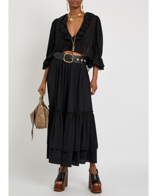 Chloé Black Ruffled Cropped Silk-Chiffon Top