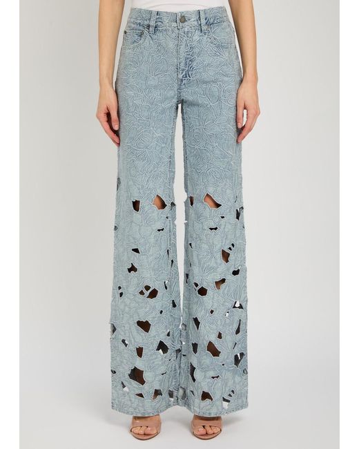 Alice + Olivia Blue Chic Embroidered Cut-Out Wide-Leg Jeans