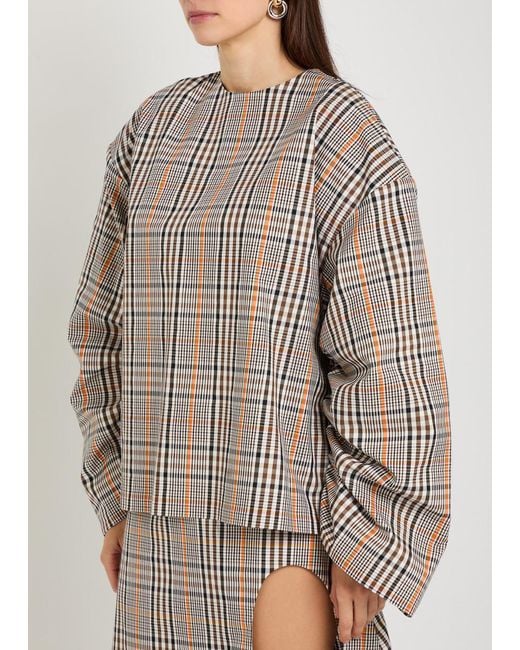 A.W.A.K.E. MODE Gray Checked Drawstring Cotton-Blend Top