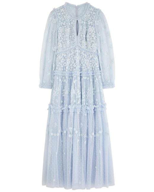 Needle & Thread Blue Autumn Lace Embroidered Tulle Maxi Dress