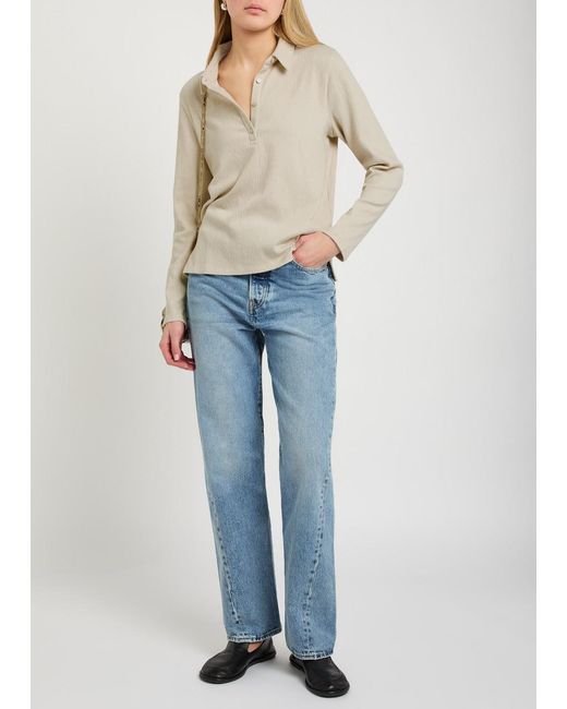 Eileen Fisher Natural Henley Textured Cotton-Blend Polo Shirt